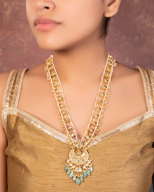 Vishruti Long Necklace And Krunali Tops Polki Set