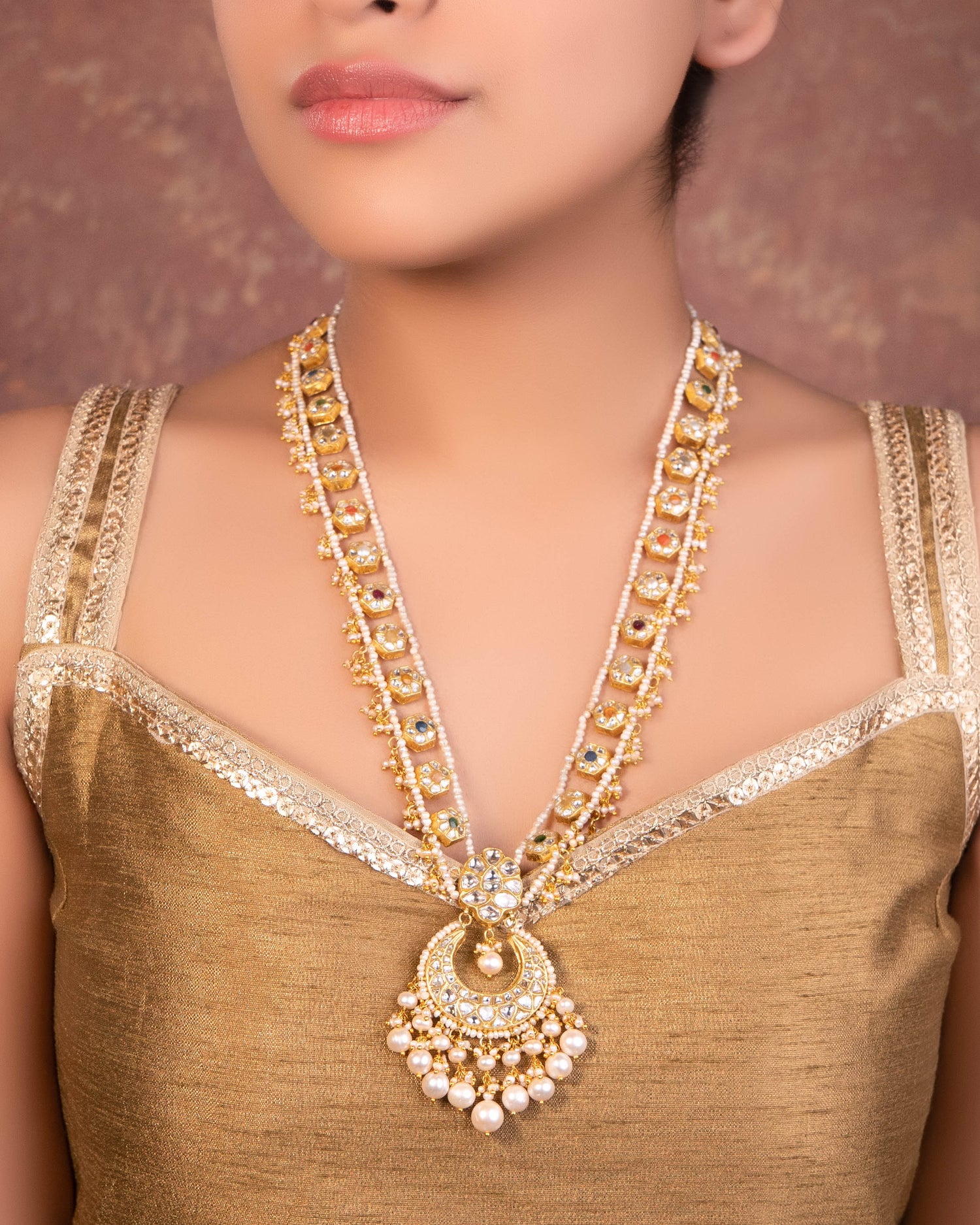 Sambhavi Long Necklace And Shreya Tops Polki Set
