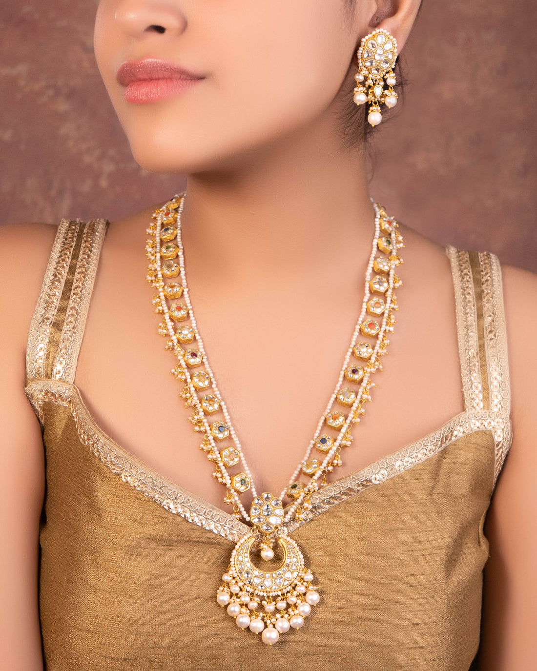 Sambhavi Long Necklace And Shreya Tops Polki Set