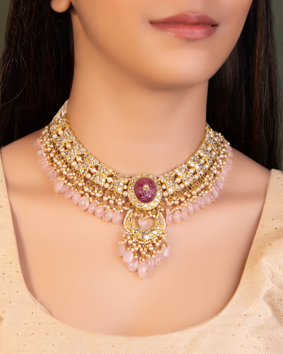 Suman Necklace And Bhavya Chandbalis Polki Set
