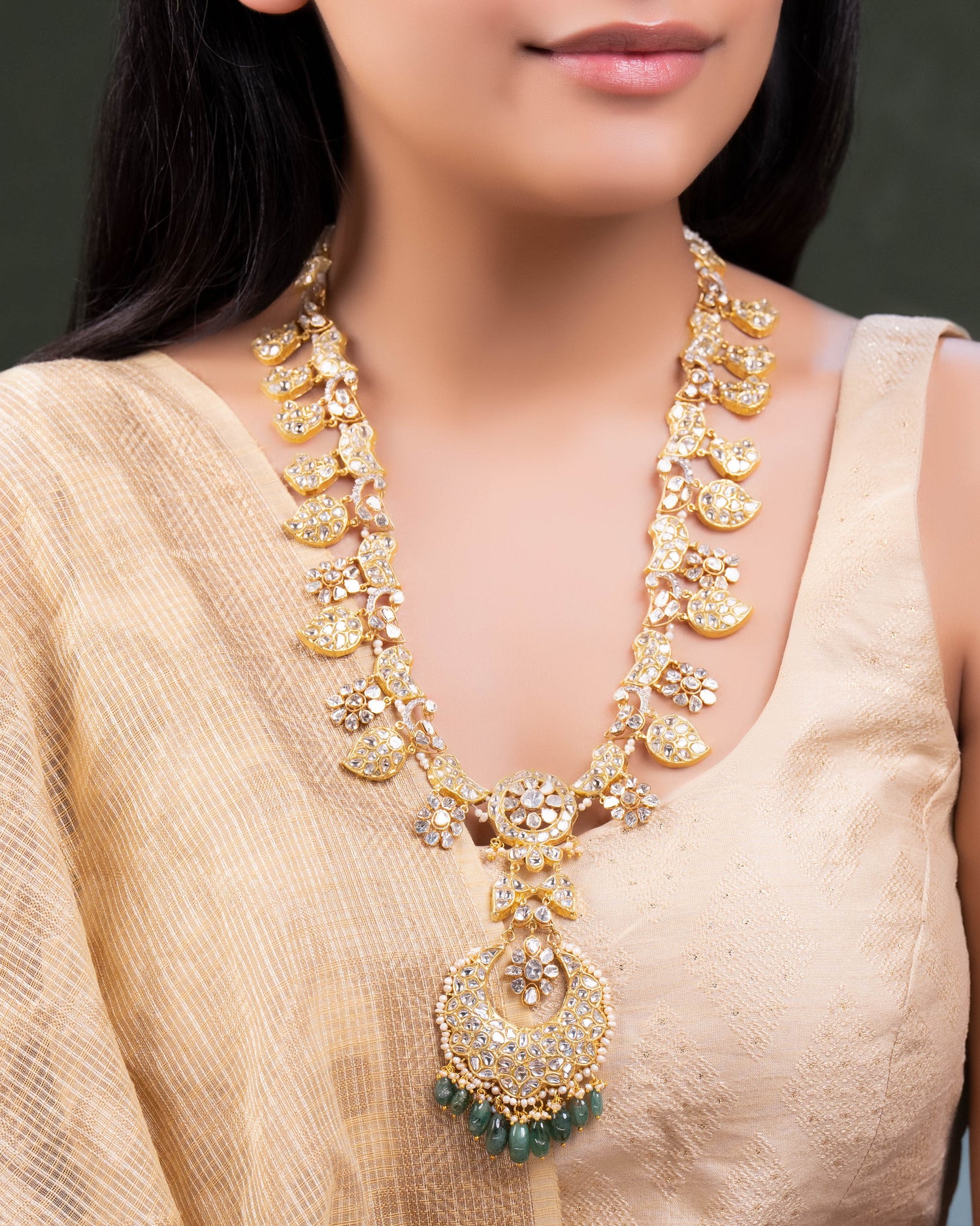 Sanaya Long Necklace And Aadhya Chandbalis Polki And Diamond Set