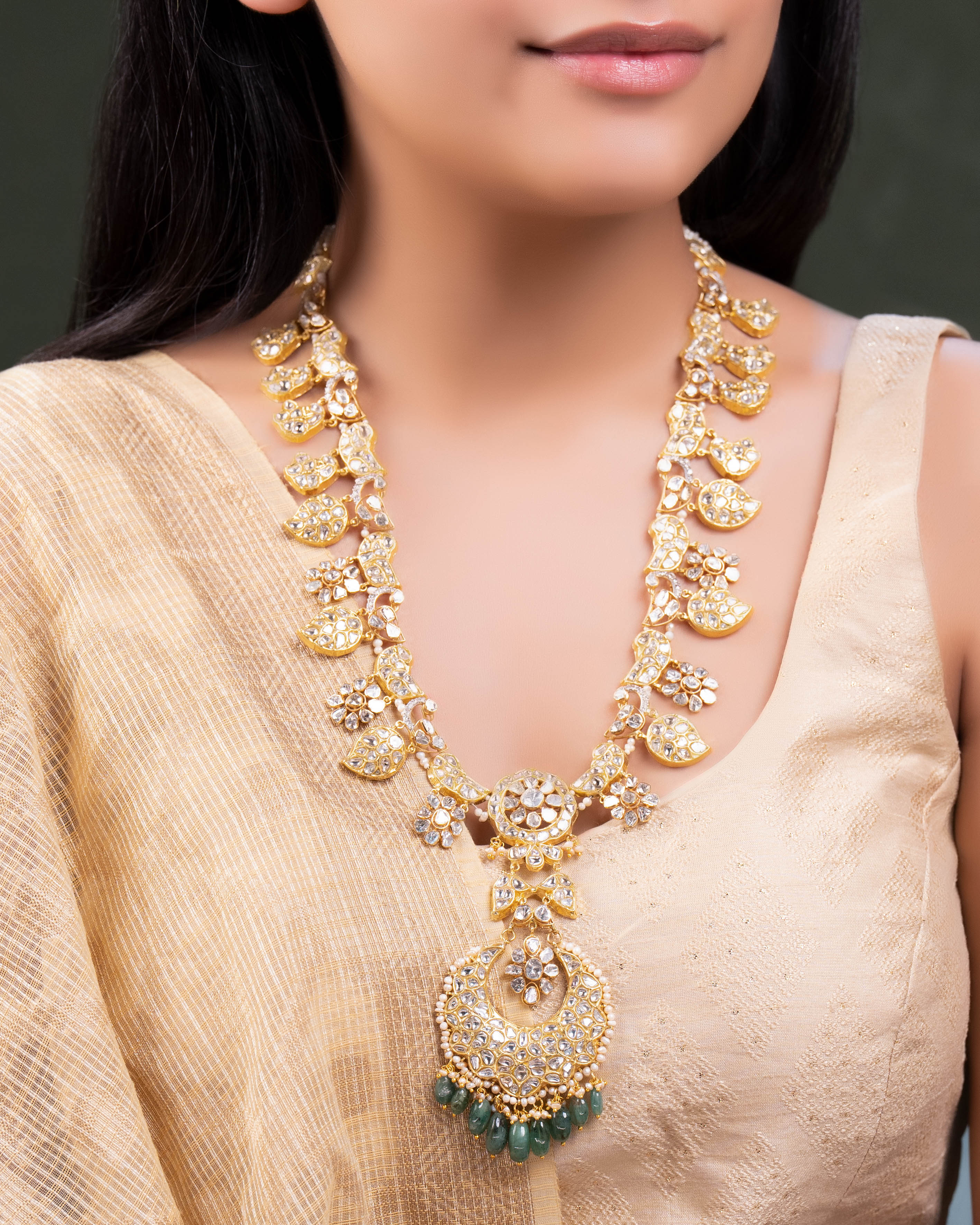 Sanaya Long Necklace And Aadhya Chandbalis Polki And Diamond Set