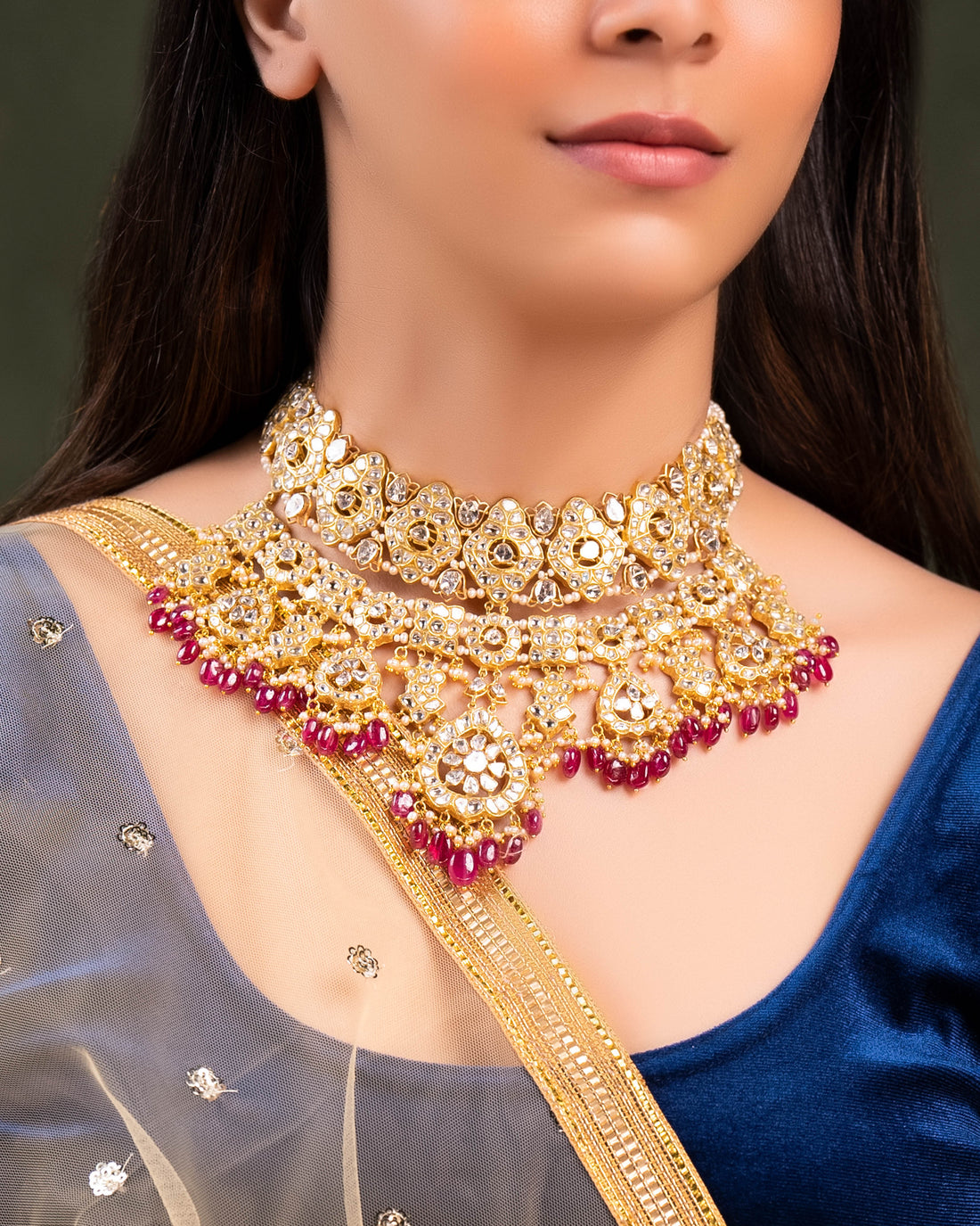 Sage Necklace And Sanchi Long Earrings Polki Set