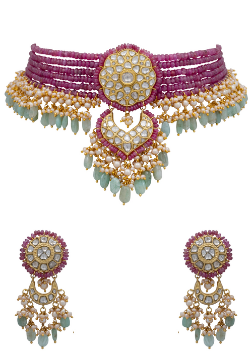 Daina Bead Choker and Panika Chandbalis Polki Set