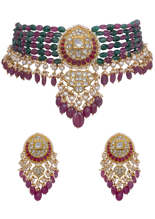 Normani Bead Choker and Tejal Long Earrings Polki Set