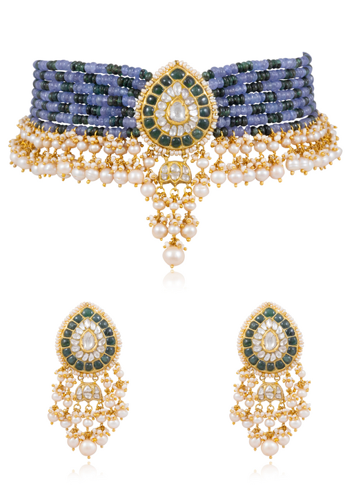 Mitika Bead Choker and Rucheeka Long Earrings Polki Set