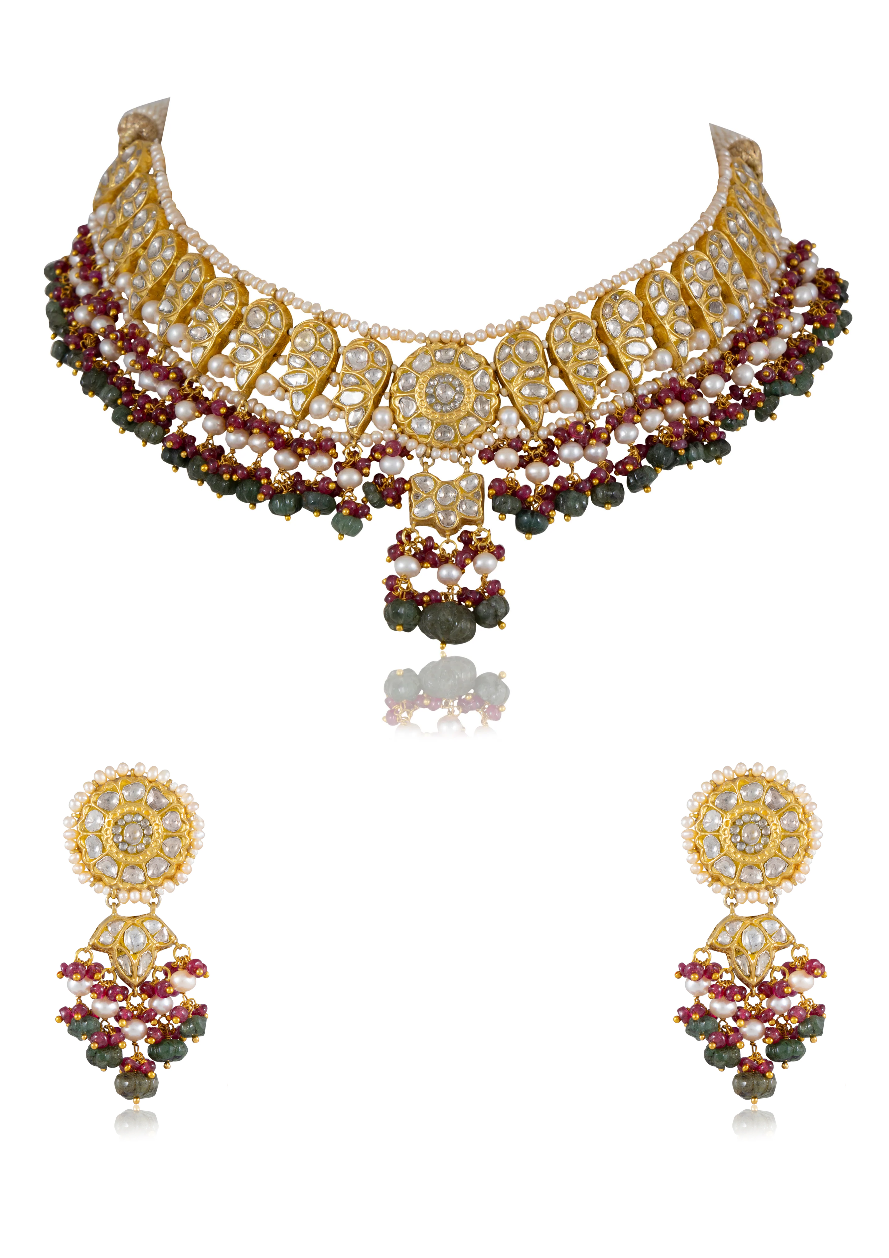 Isha Necklace And Aachal Long Earrings Polki Set