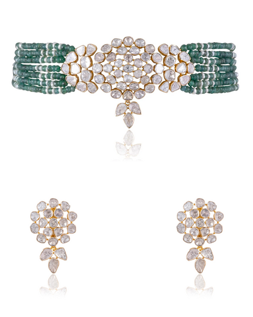 Rutuja Bead Choker And Elisha Long Earrings Polki Set