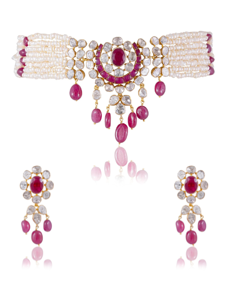 Shrushti Bead Choker And Janet Long Earrings Polki Set