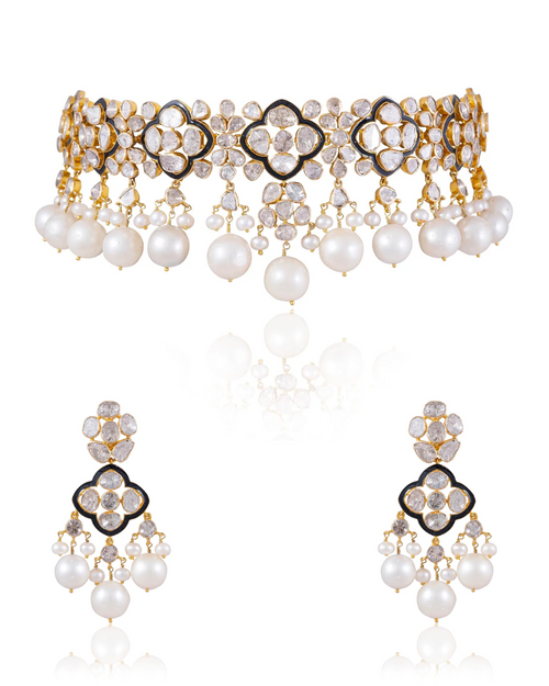 Vida Choker And Casandra Long Earrings Polki Set